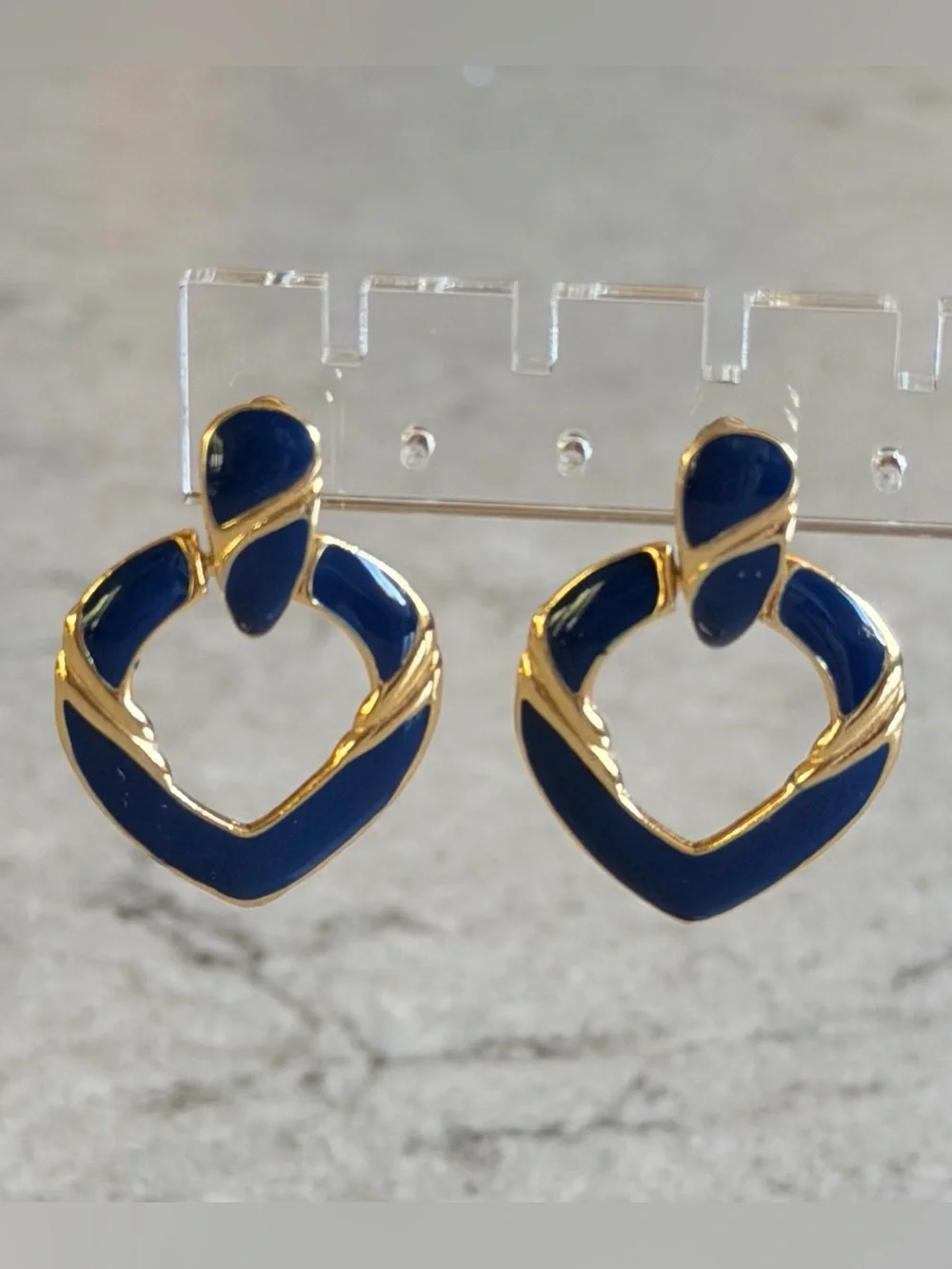 Vintage Gold and Navy Enamel Heart Drop Earrings - Women Jewelry